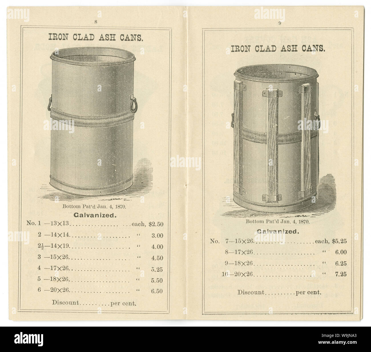 Antike 1881 Preisliste für "Brüniertem und verzinktem Blech Ware" aus dem Eisen gekleidet Manufacturing Company in Brooklyn, New York. Nellie Bly, amerikanischer Journalist, war Leiter des Unternehmens nach 1900. Stockfoto