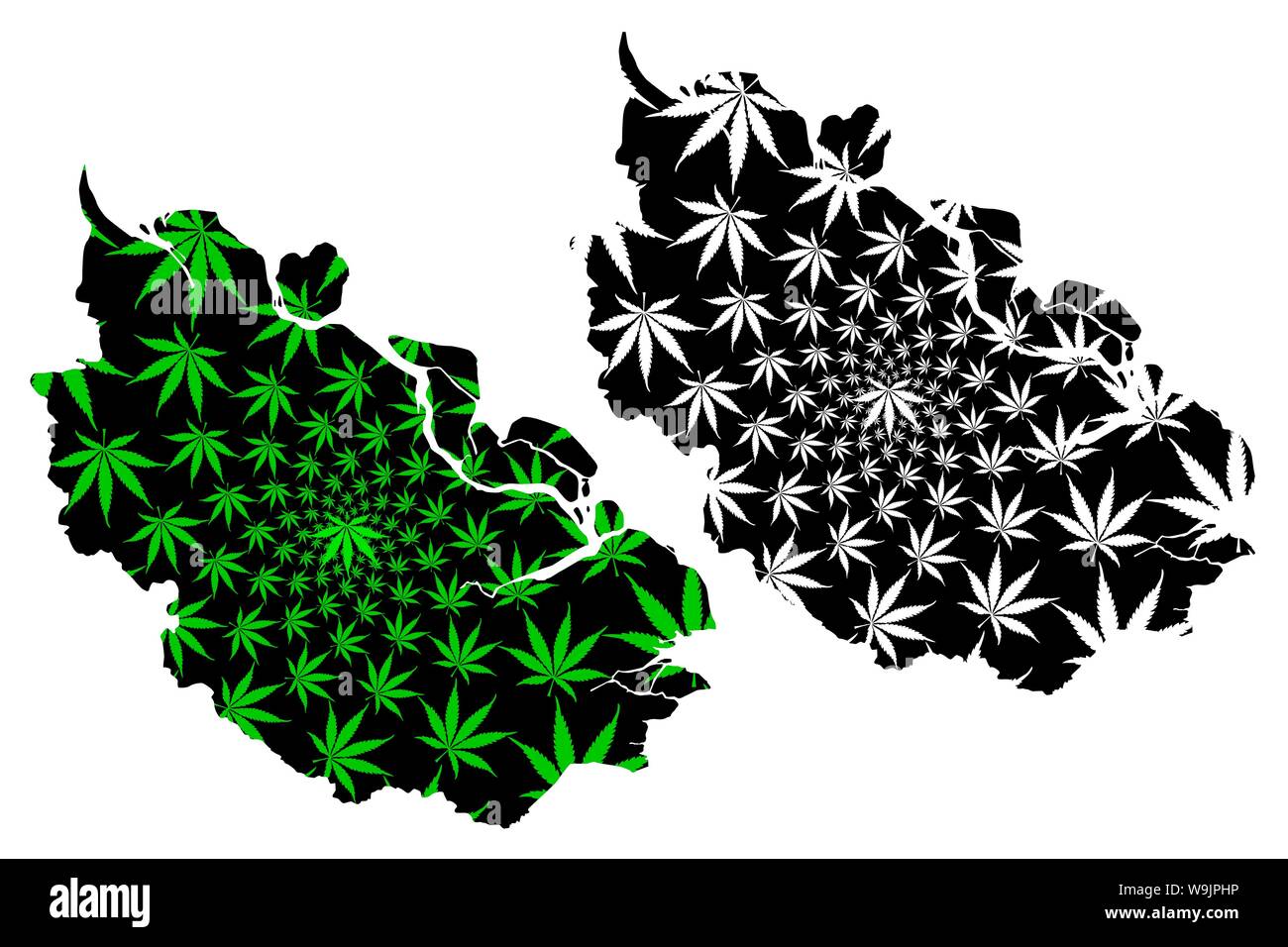 Riau (Unterteilungen von Indonesien, Provinzen Indonesiens) Karte ist Cannabis blatt grün und schwarz gestaltet, Riau Karte aus Marihuana (Marihuana, THC) fol Stock Vektor