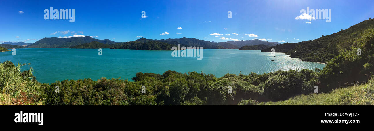 Einen atemberaubenden Panoramablick auf den wunderschönen Marlborough Sounds, Neuseeland, glitzernde Wasser, klarer blauer Himmel niemand im Bild Stockfoto