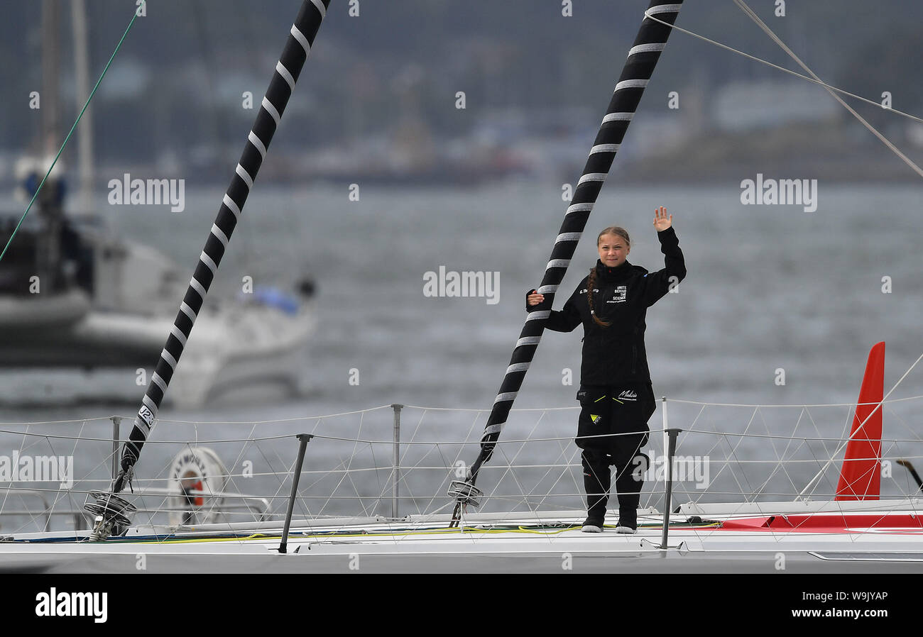 Klima Aktivistin Greta Thunberg beginnt Ihre Reise in die USA von Plymouth auf der Malizia II, Klima Demonstrationen im Land am 20. September und 27. und bei den Vereinten Nationen Klimaschutz Gipfel sprechen. Stockfoto