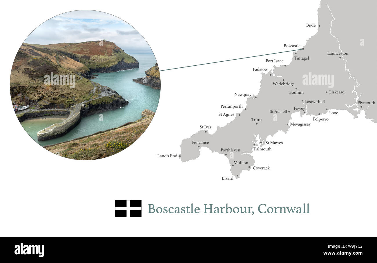 Karte von Cornwall, mit fotografischen Bild von Boscastle Harbour und wichtige Städte in Cornwall auf der Karte markiert. Stockfoto