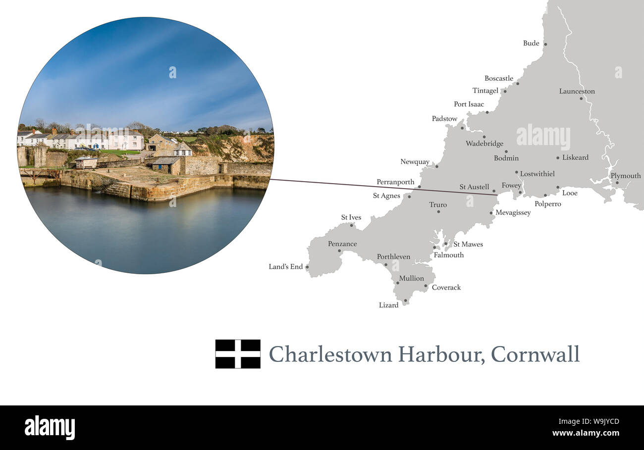 Karte von Cornwall, mit fotografischen Bild von Charlestown Hafen und die wichtigsten Städte in Cornwall auf der Karte markiert. Stockfoto