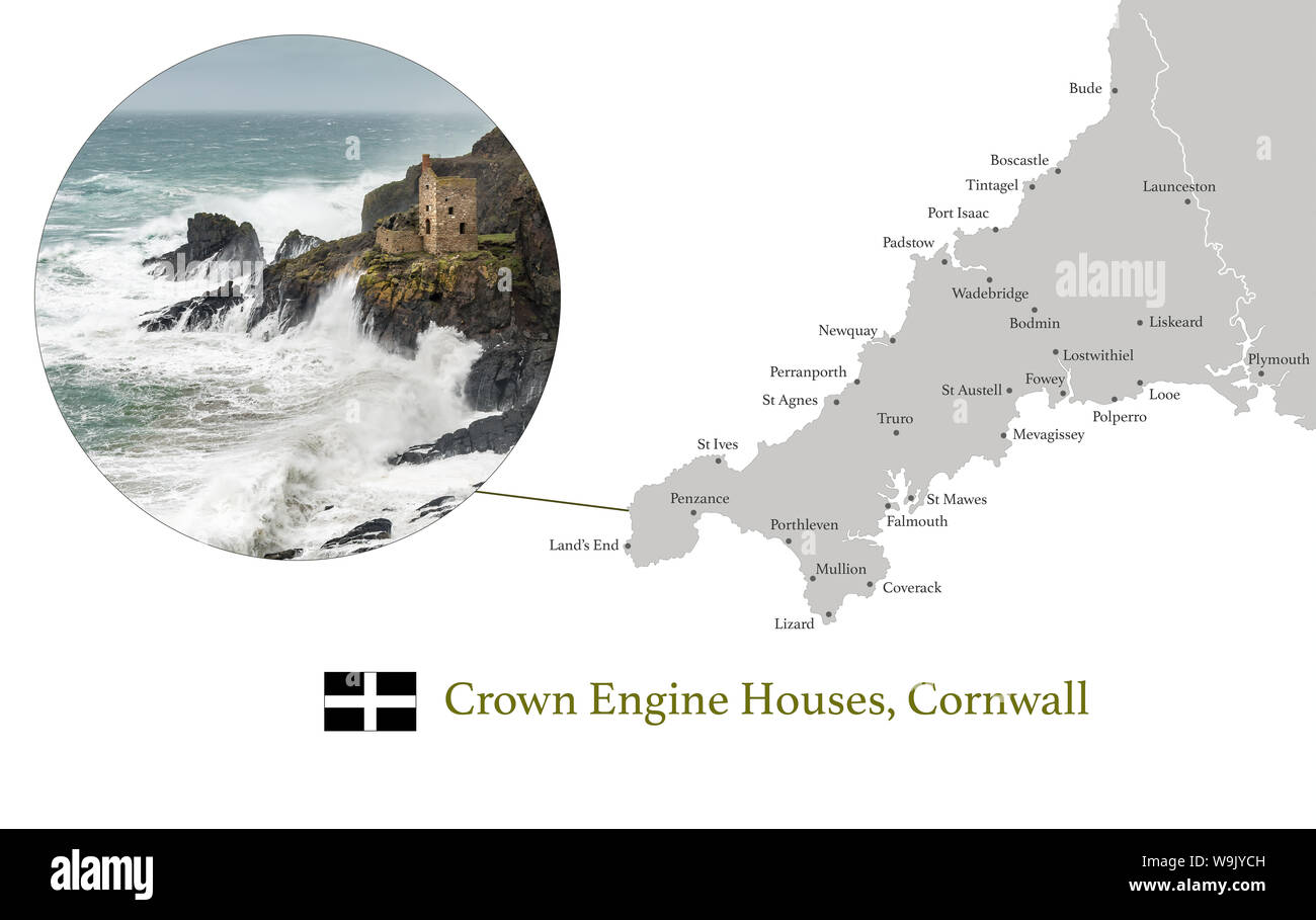 Karte von Cornwall, mit fotografischen Bild der Krone Motor Haus in Botallack, Cornwall und die wichtigsten Städte auf der Karte markiert. Stockfoto