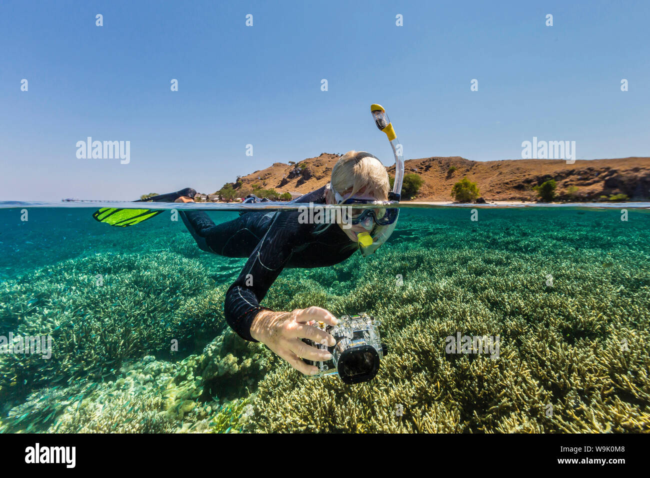 Schnorchler am Hausriff auf Komodo Tauchen Resort, Sebayur Island, Insel Komodo National Park, Indonesien, Südostasien, Asien Stockfoto