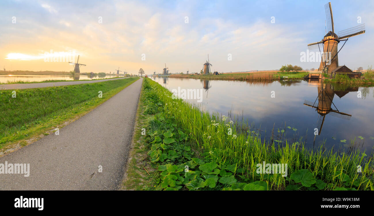 Panorama der typischen Windmühlen in der Kanäle in der Morgendämmerung, Kinderdijk wider, UNESCO-Weltkulturerbe, Molenwaard, Südholland, Niederlande Stockfoto