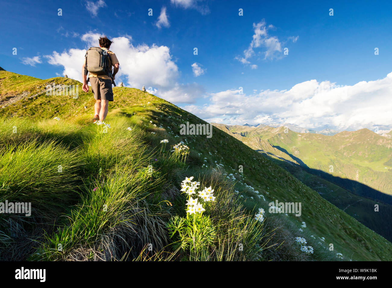 Auf steilen Grat auf der Aufstieg zum Monte Azzarini, San Marco Pass, Albaredo Tal, Bergamasker Alpen, Lombardei, Italien, Europa Wanderer Stockfoto