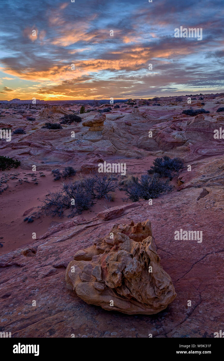 Sonnenaufgang über Sandstein Felsformationen, Coyote Buttes Wüste, Vermilion Cliffs National Monument, Arizona, Vereinigte Staaten von Amerika, Nordamerika Stockfoto