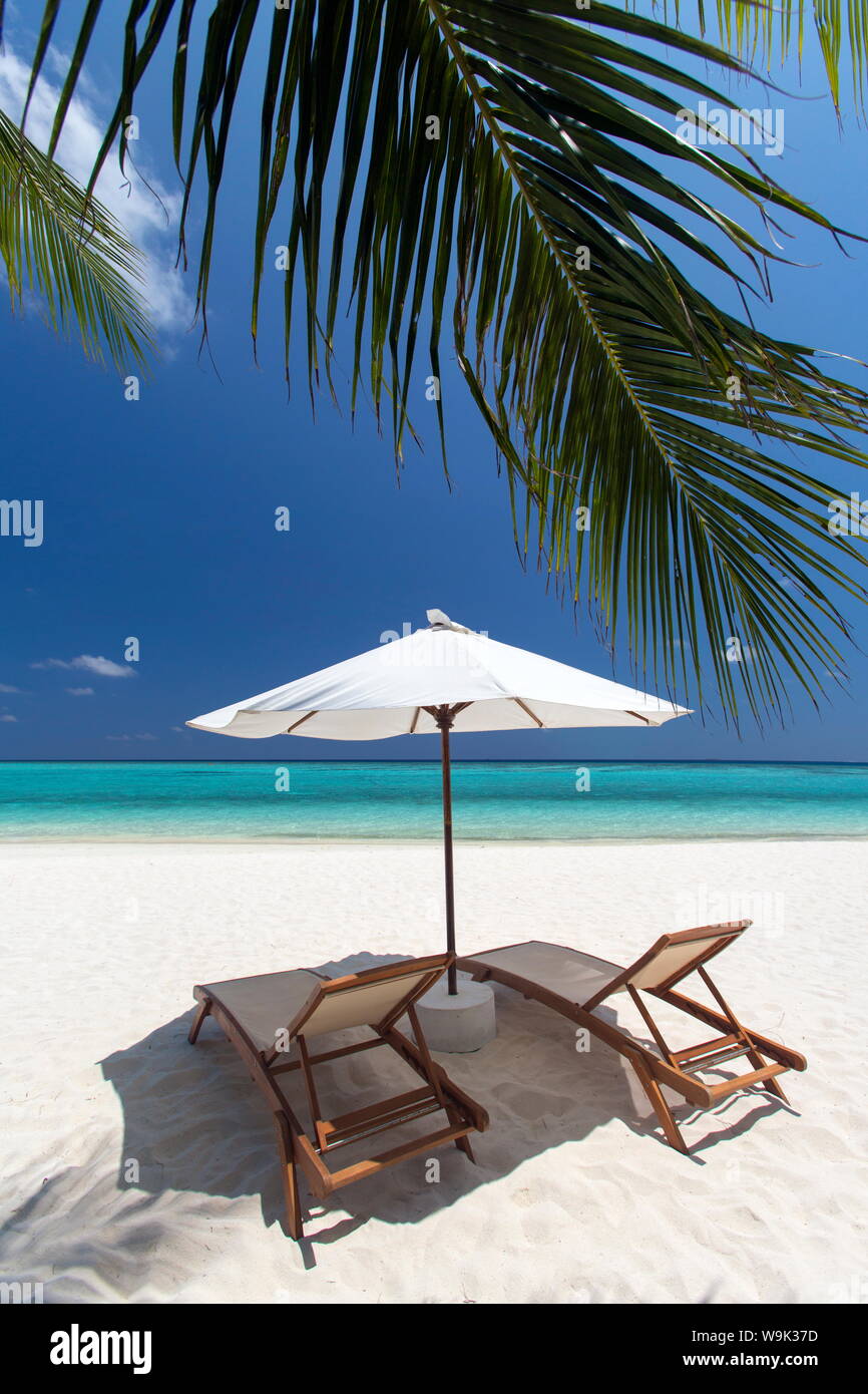 Sonnenliegen am tropischen Strand, Malediven, Indischer Ozean, Asien Stockfoto