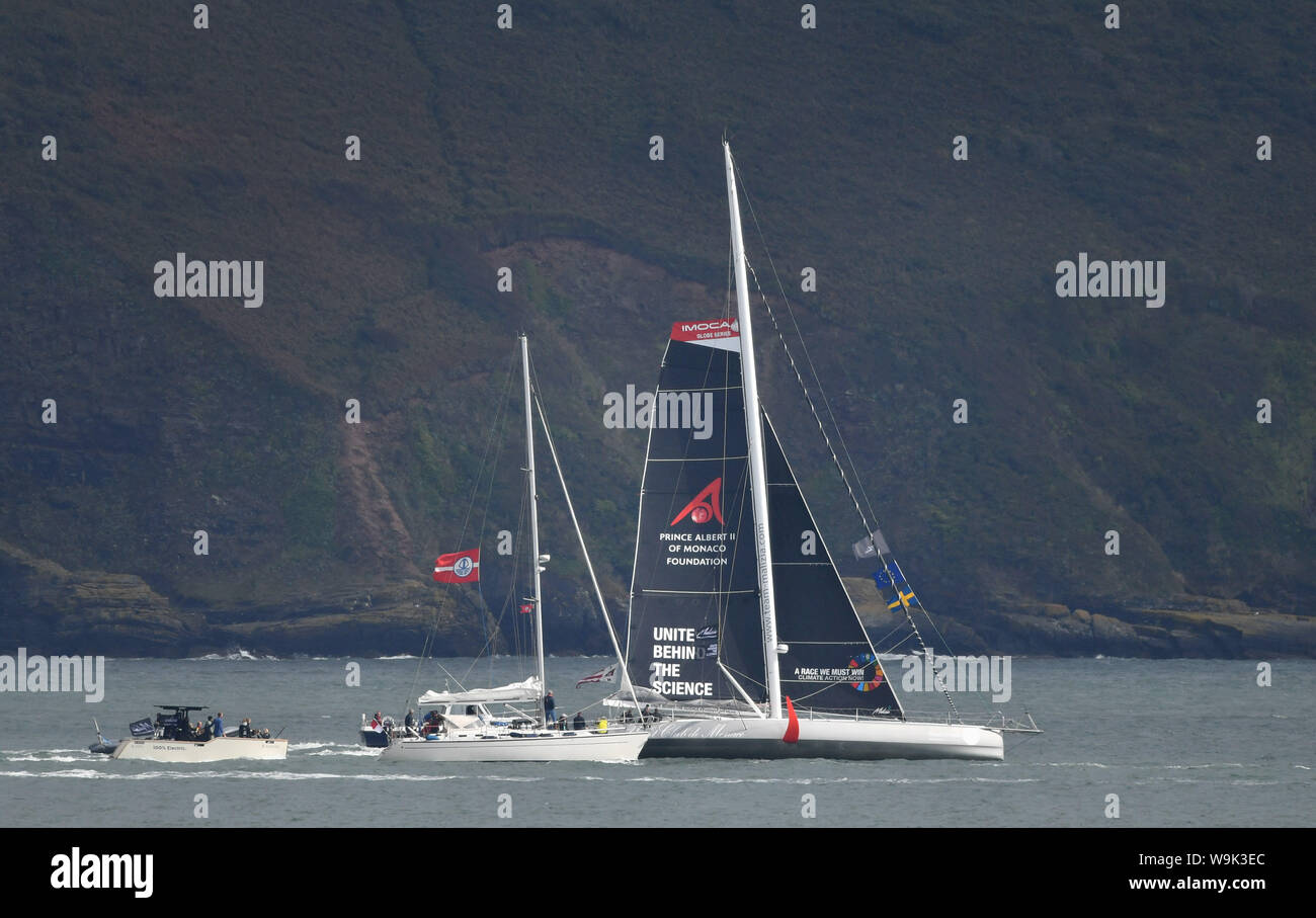 Klima Aktivistin Greta Thunberg beginnt Ihre Reise in die USA von Plymouth auf der Malizia II, Klima Demonstrationen im Land am 20. September und 27. und bei den Vereinten Nationen Klimaschutz Gipfel sprechen. Stockfoto