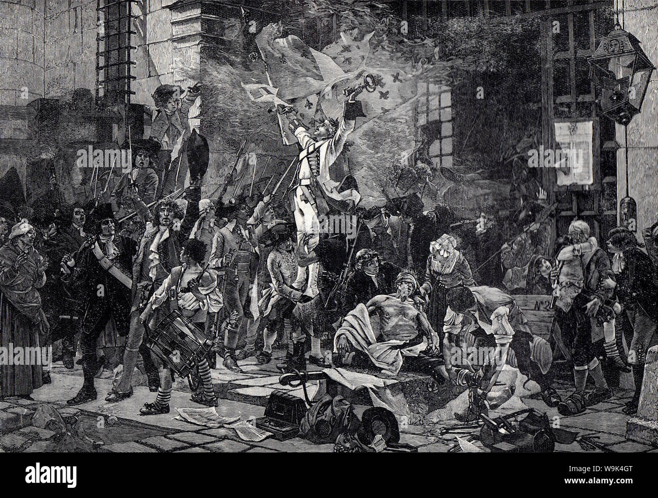 Die Eroberer der Bastille nach einem Gemälde von Francois Flameng Schwarz-weiß Illustration; Stockfoto