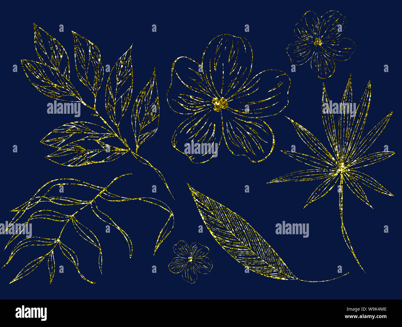 Abbildung: Zeichnung Skizze Gold Farbe mit funkelt Kontur Blätter von exotischen Pflanzen auf einem isolierten Schicht als Set Stockfoto