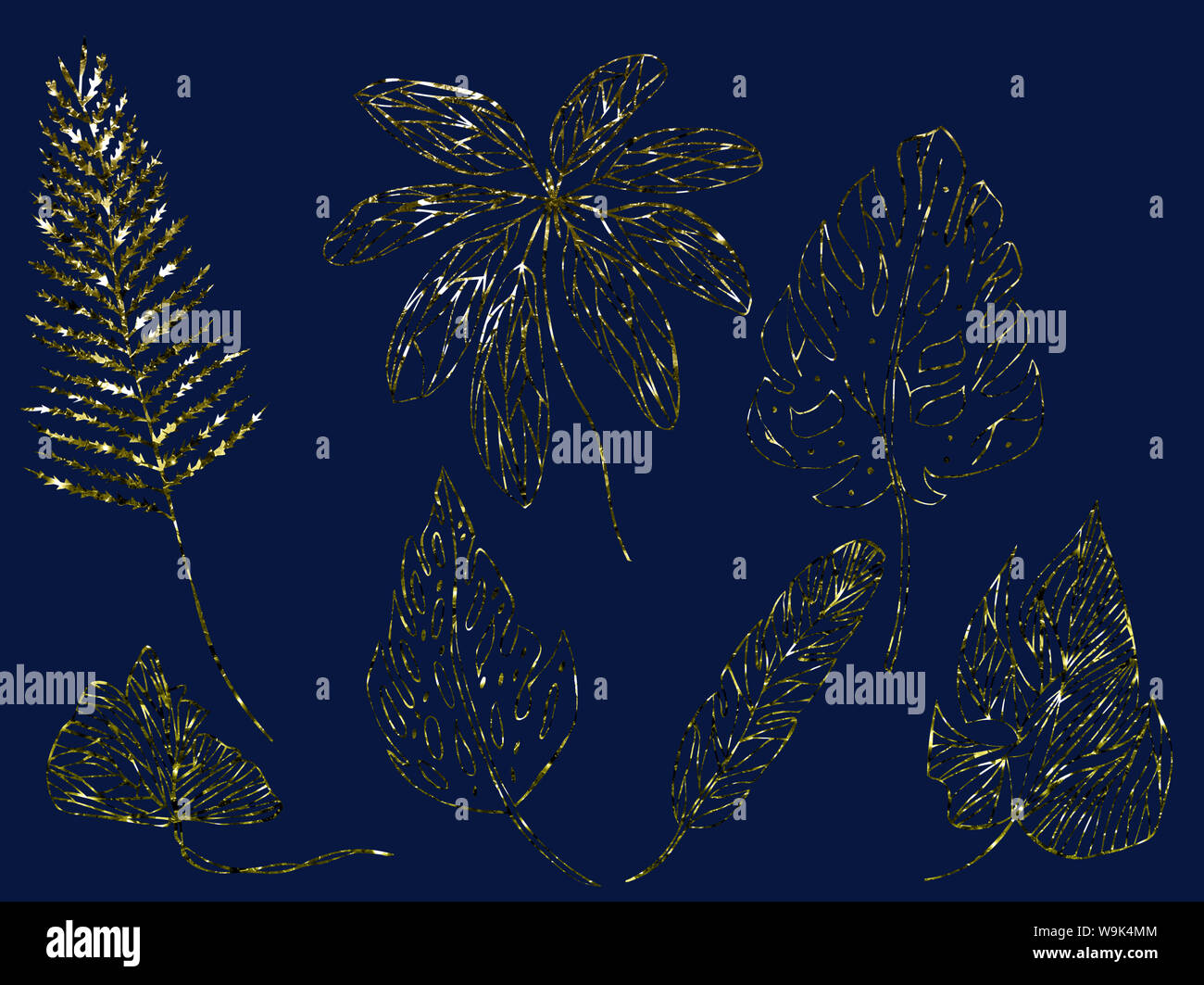 Abbildung: Zeichnung Skizze Gold Farbe mit funkelt Kontur Blätter von exotischen Pflanzen auf einem isolierten Schicht als Set Stockfoto