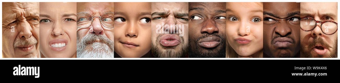 Close up Portrait von jungen Menschen. Die menschlichen Gefühle, Mimik Konzept. Modelle mit Kamera oder an der Seite, Zweifel, Fragen, angewidert, unsicher, denken. Kreative collage für Ihre Anzeige. Stockfoto