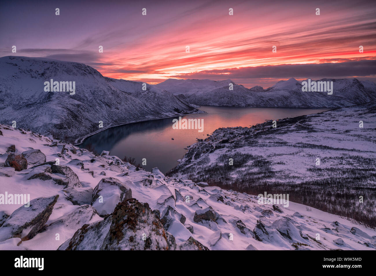 Das gefrorene Meer durch Schnee von rosa Wolken, Arktis, Norwegen, Skandinavien, Europa gerahmte umgeben Stockfoto