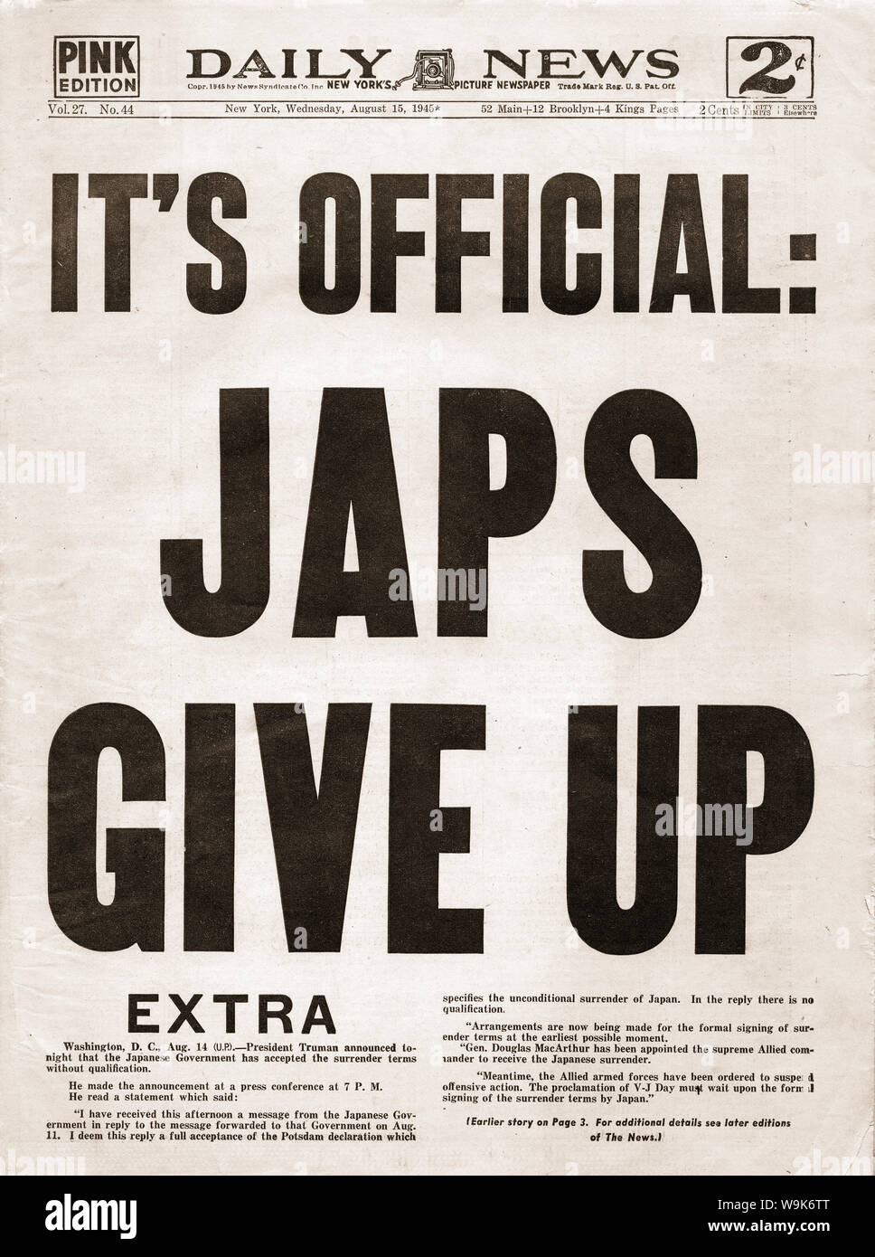 [1940 Japan - Sonderausgabe Zeitung: "Jap Aufgeben'] - Abdeckung der täglichen Nachrichten in New York, USA für August 15, 1945 (Showa 20): "Jap." 20. Jahrhundert vintage Zeitung. Stockfoto