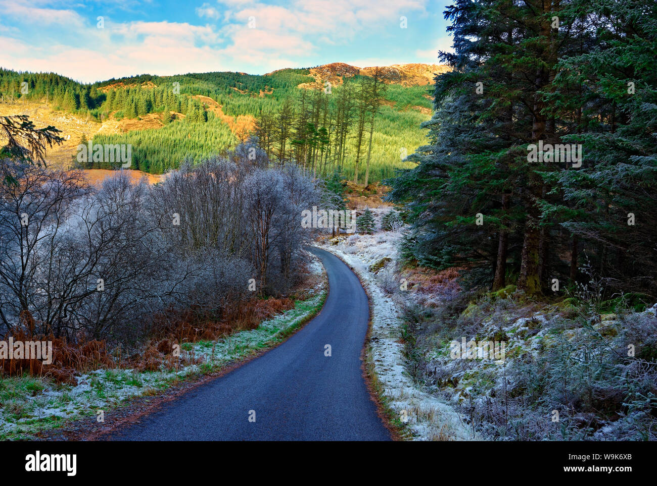 Ein Winter Blick auf eine kurvenreiche Straße durch einen bewaldeten Tal in der ardnamurchan Halbinsel, die schottischen Highlands, Schottland, Großbritannien, Europa Stockfoto