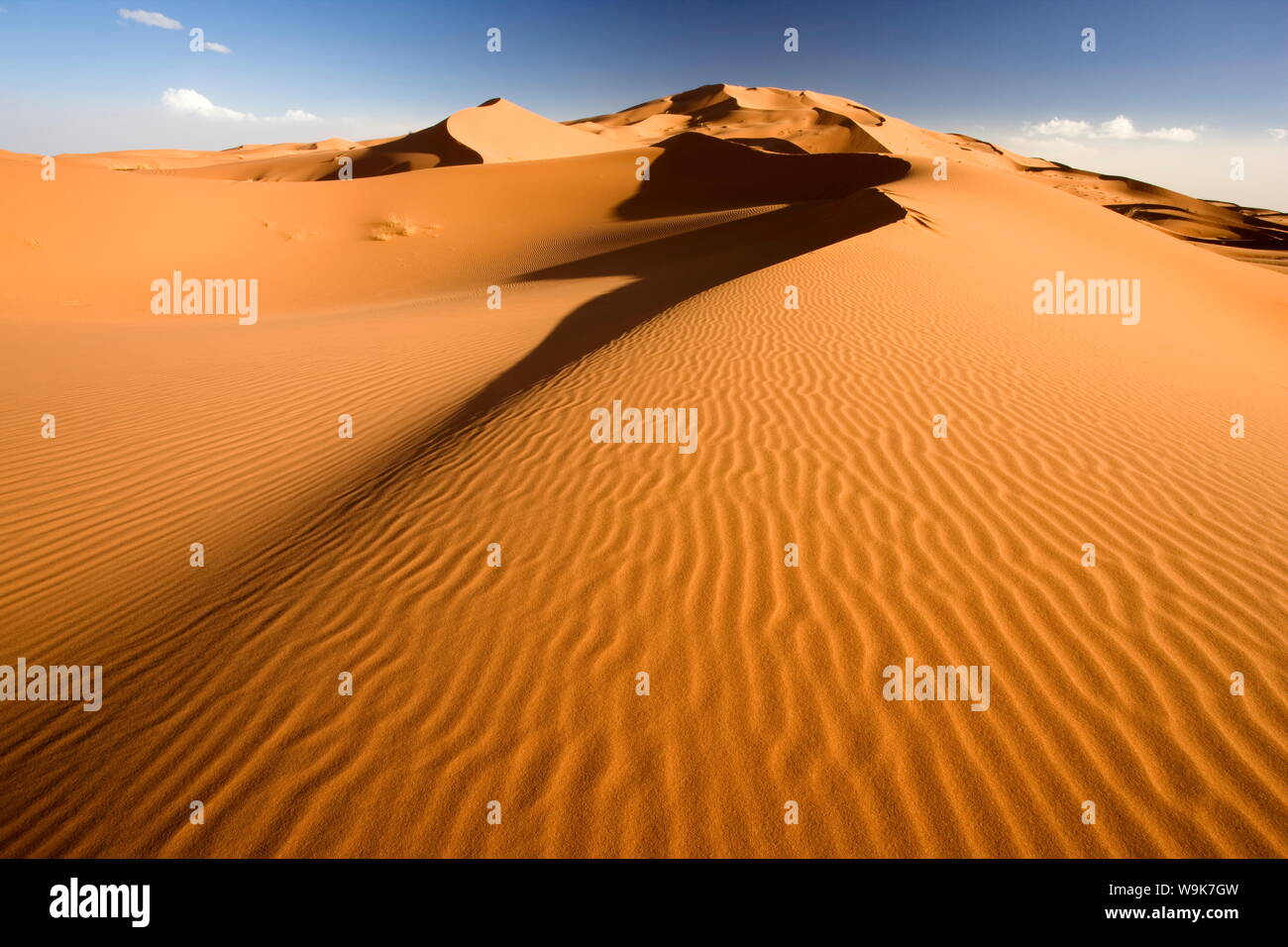 Kleine Wellen Rollen Orangen Dünen und Sand im Erg Chebbi Sand Meer in der Nähe von Merzouga, Marokko, Nordafrika, Afrika Stockfoto