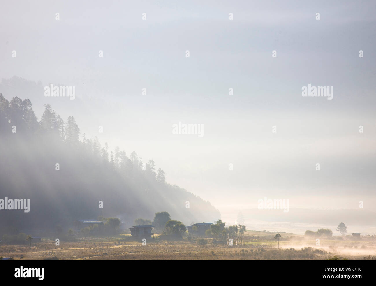 Am frühen Morgen Blick entlang der Nebel gefüllten Gangtey Valley gegenüber traditionellen ländlichen Bhutanischen Häuser in der Nähe von Gangtey, Bhutan, Himalaya, Asien Stockfoto