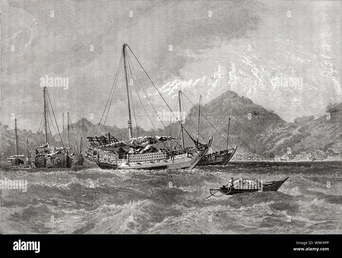 [1870s Japan - Japanische Frachtschiffe] - Frachtschiffe auf Nagasaki. In der Illustrated London News Veröffentlicht am 15 Dezember, 1877 (Meiji 10). 19 Vintage Zeitung Abbildung. Stockfoto