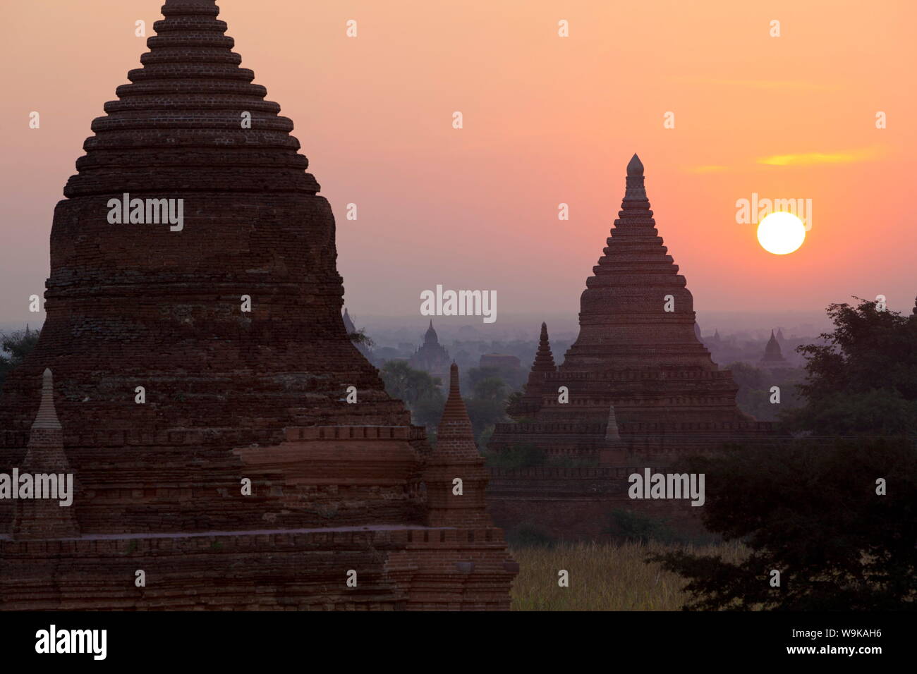 Sonnenaufgang über der Bagan-Tempel aus dem 11. und 13. Jahrhundert, Bagan (Pagan), zentral-Myanmar, Myanmar (Burma), Asien Stockfoto