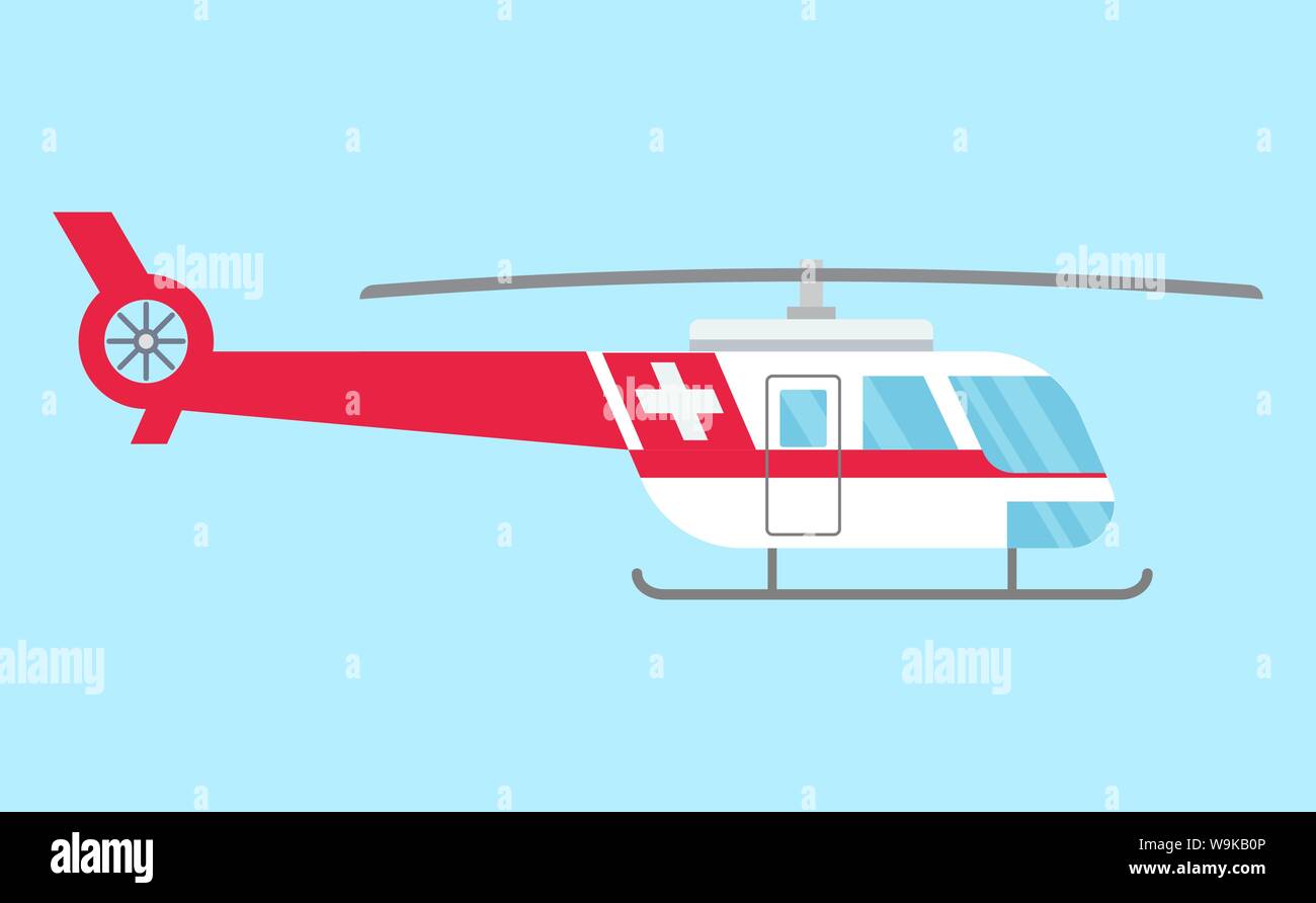 Ambulance Hubschrauber. Rote medizinische Evakuierung Hubschrauber. Gesundheitswesen, Krankenhaus und medizinische Diagnostik. Dringlichkeit und Notdienste. Vektor Stock Vektor
