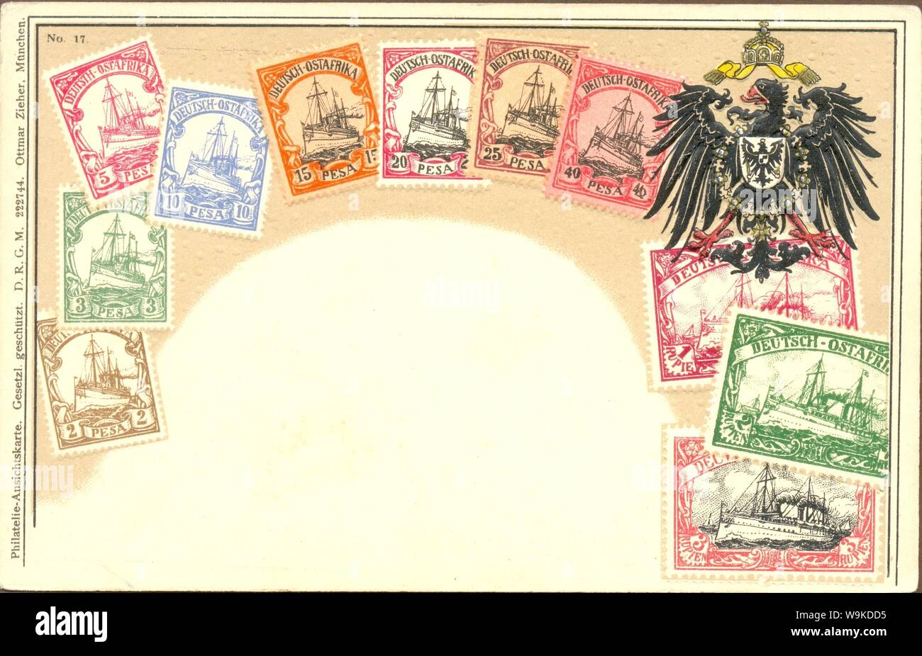 Postkarte mit Briefmarken für Deutsch Ostafrika mit Bild des Kaiser's Yacht ca. 1908 Stockfoto