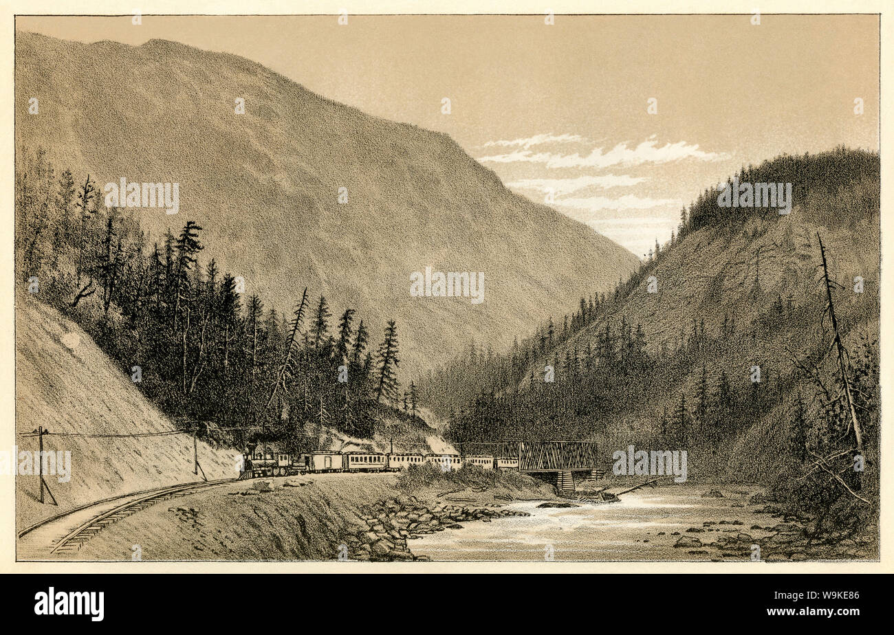 Canadian Pacific Railroad durch den Kicking Horse Pass, British Columbia, 1880. Lithographie Stockfoto