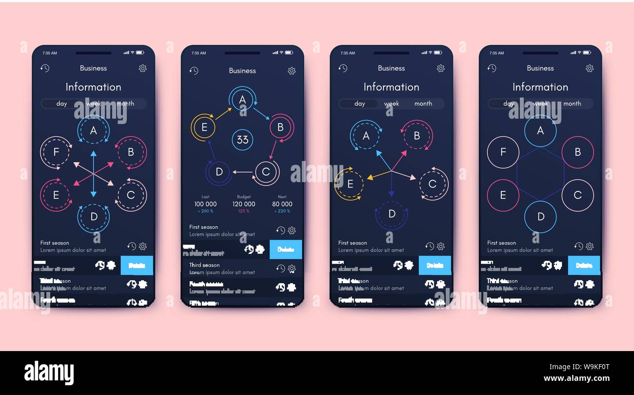 Verschiedene UI, UX, GUI-Bildschirme und Flachbild Web Icons für mobile Apps Stock Vektor