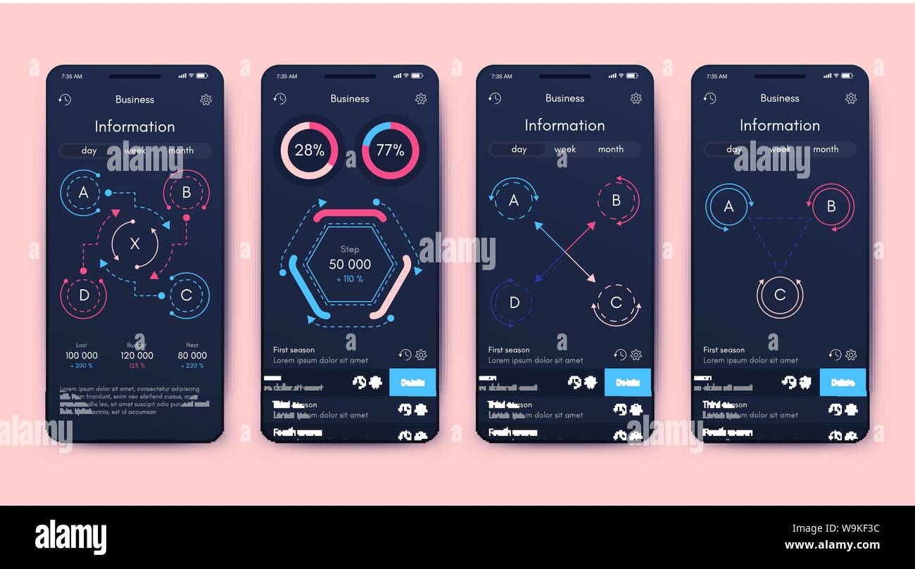 Verschiedene UI, UX, GUI-Bildschirme und Flachbild Web Icons für mobile Apps Stock Vektor