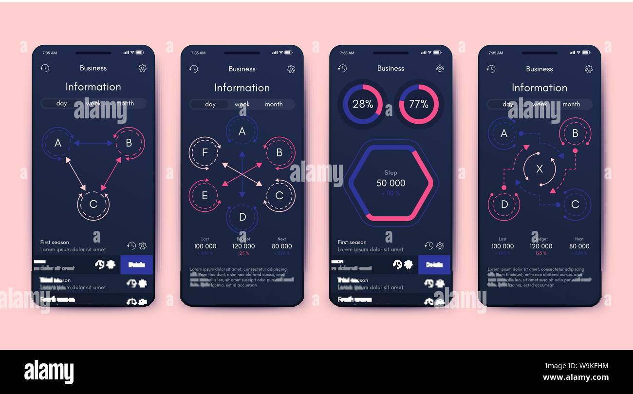 Verschiedene UI, UX, GUI-Bildschirme und Flachbild Web Icons für mobile Apps Stock Vektor