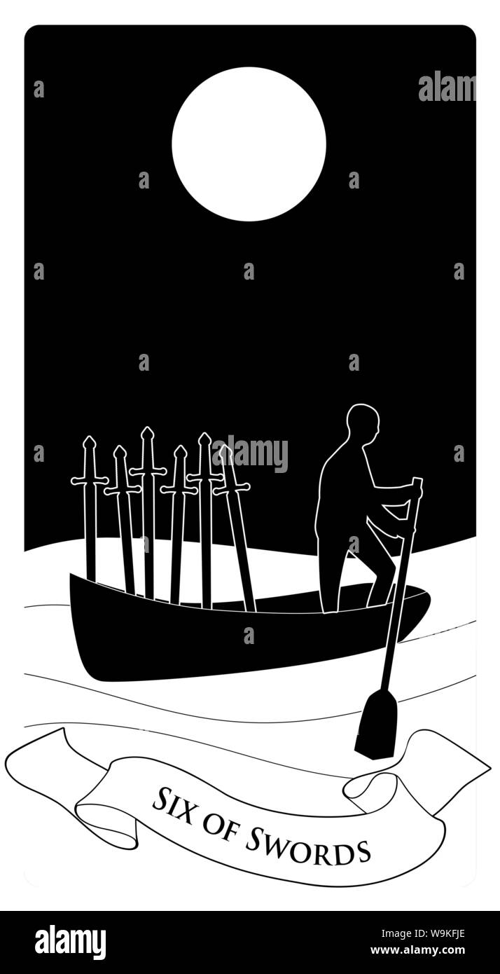 Sechs der Schwerter. Silhouette der Person Rudern in der Ferne, in einem Boot auf dem Meer, mit den sechs Schwerter. Stock Vektor