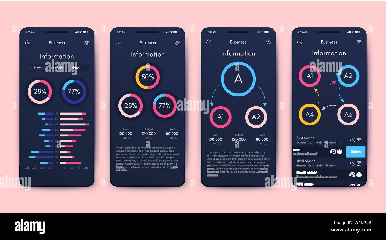 Verschiedene UI, UX, GUI-Bildschirme und Flachbild Web Icons für mobile Apps Stock Vektor