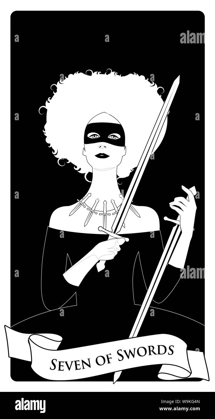Sieben der Schwerter. Schelmische Kurtisane. das Tragen der Maske und Kette aus fünf Dolche, greifen zwei Schwerter Stock Vektor
