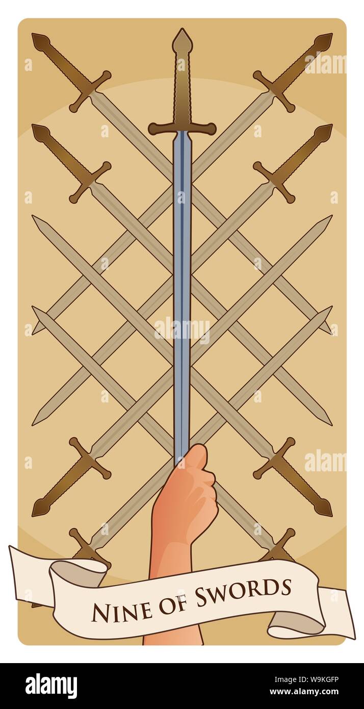 Neun der Schwerter. Tarot Karten. 8 gekreuzte Schwerter und eine Hand ein  Schwert Tipp Stock-Vektorgrafik - Alamy