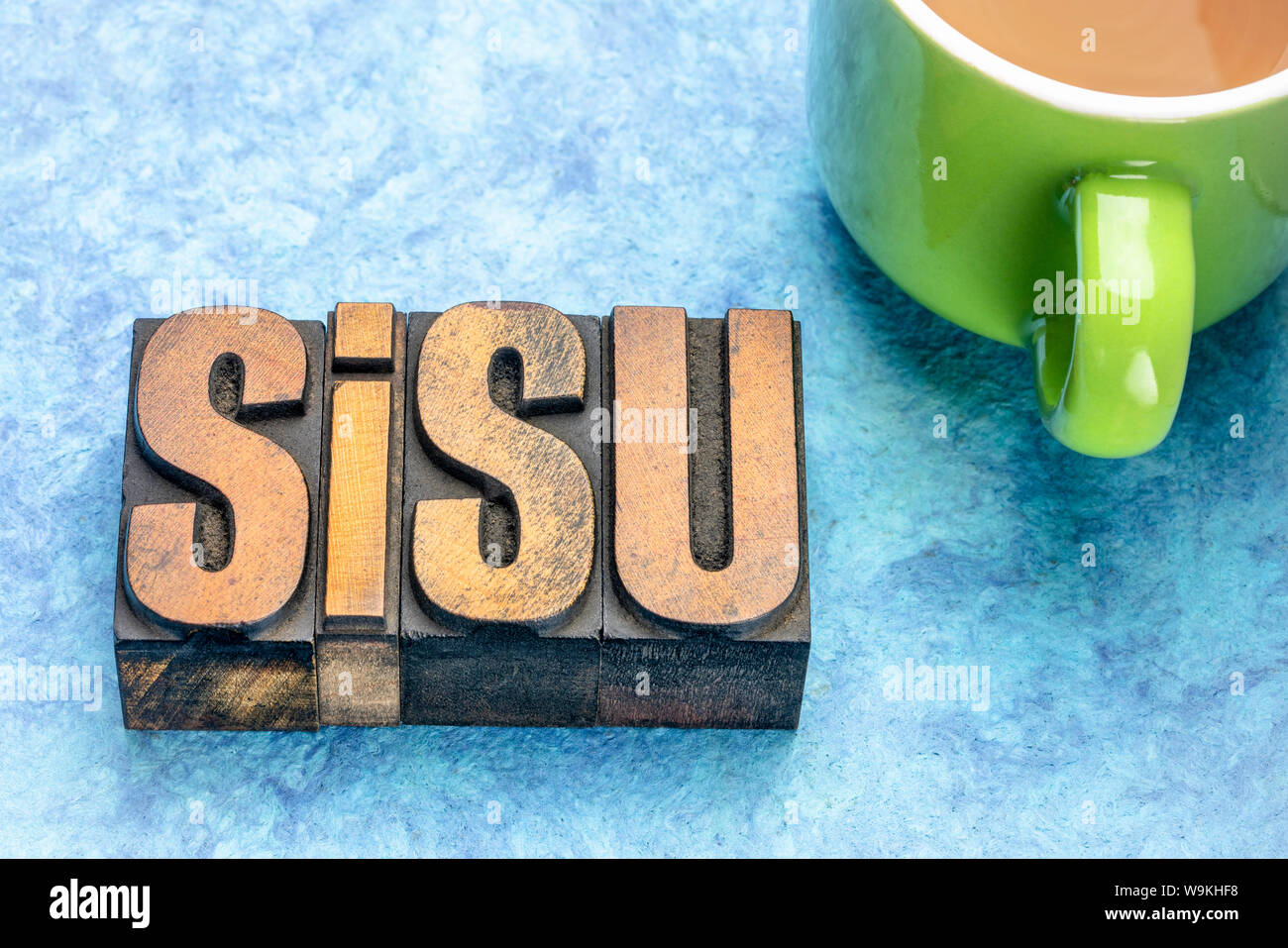 Sisu-finnische Konzept des Lebensstils und der nationalen Charakter, Wort in Vintage buchdruck Holz Art Abstract Stockfoto