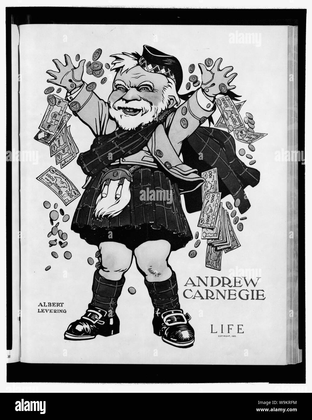 Andrew Carnegie, 1835-1919, voll, Stehen, Tragen, Kilt, Geld in der Luft Stockfoto