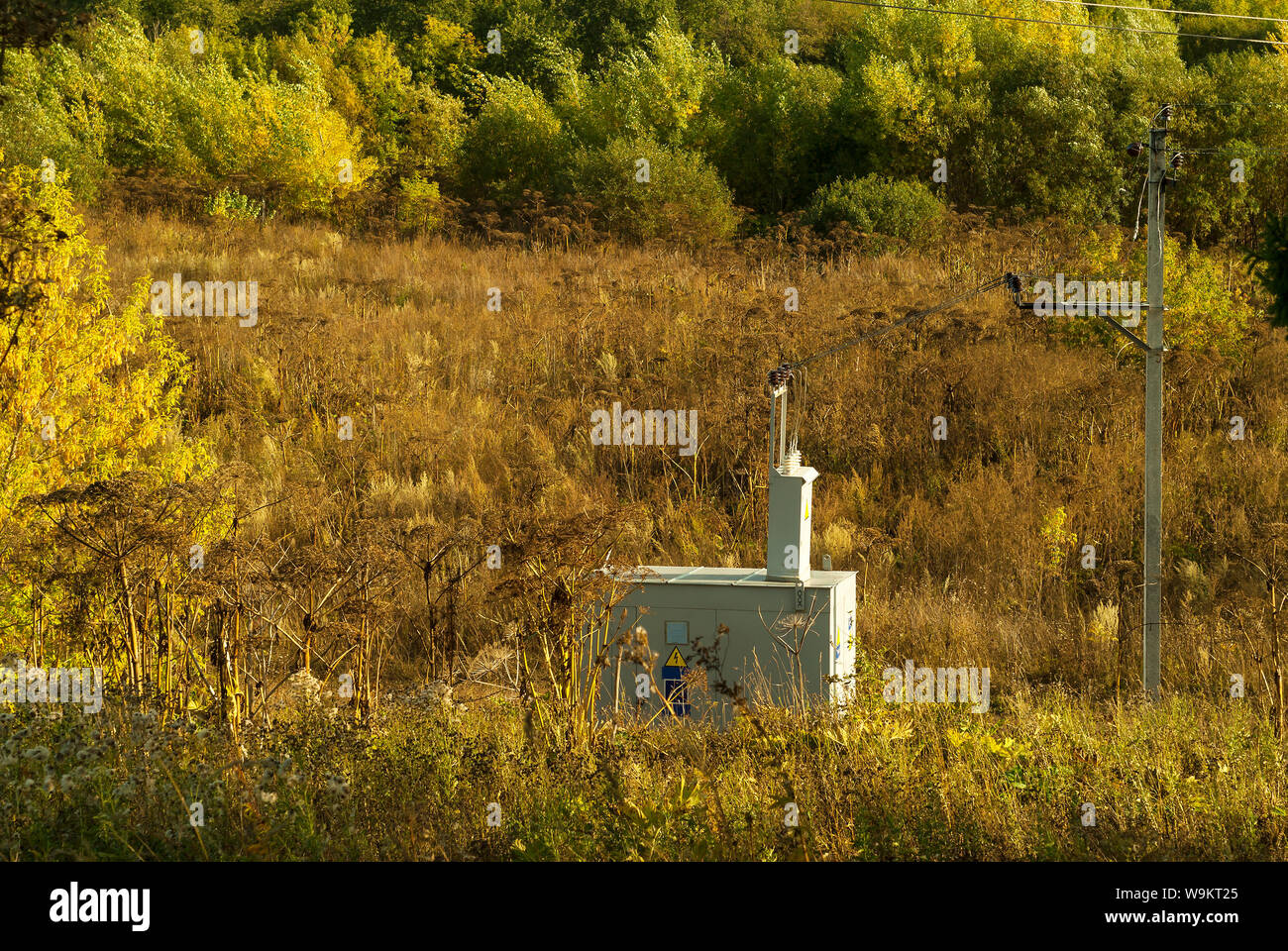 Kleine kompakte transformator elektrische Unterstation in einem gelben Feld Herbst Stockfoto