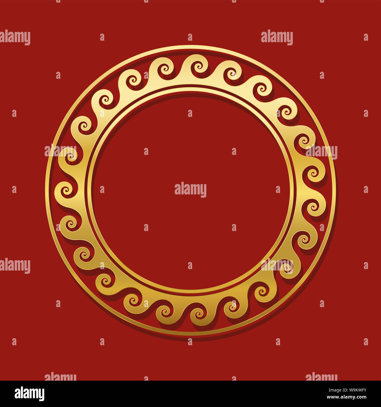 Runde goldene Rahmen mit Spiralen oder Wellen, nahtlose Griechische kreisförmigen Muster. Dekorative Grenze, wiederholte geometrischen Motiven. Roten Hintergrund. Stockfoto