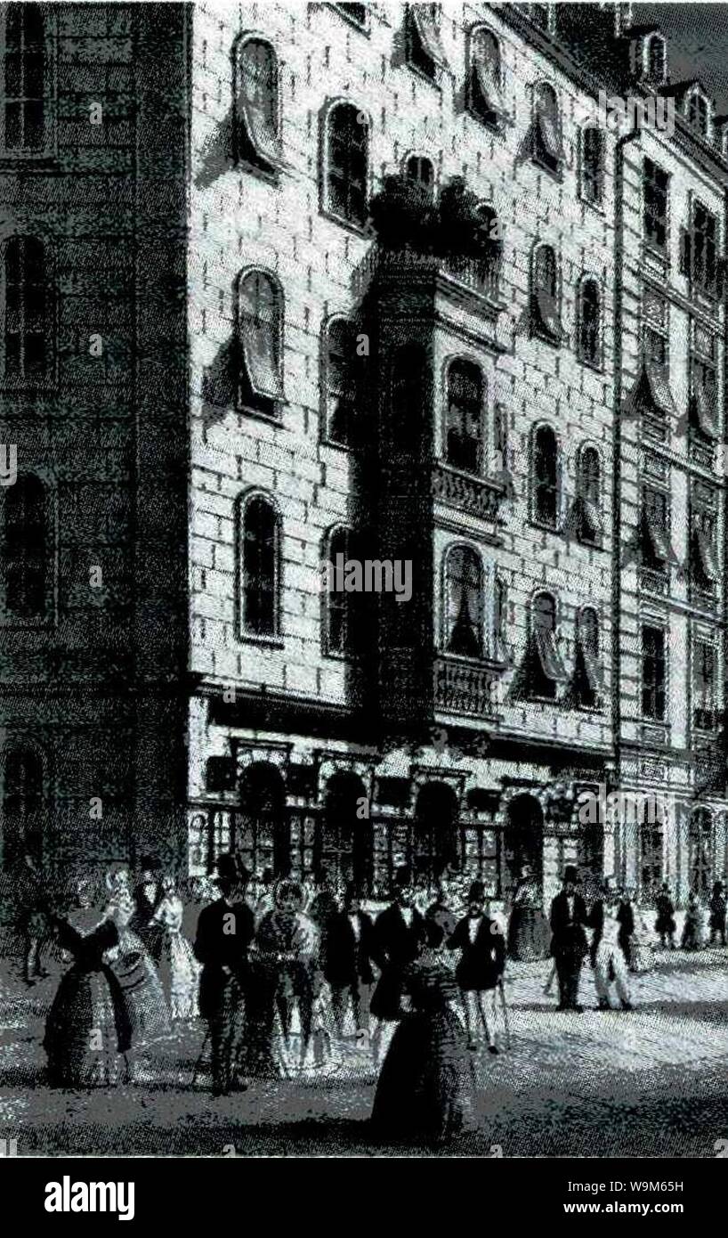 Die Arnoldische Buchhandlung, Webergasse 2 am Altmarkt in Dresden, Lithographie um 1860. Stockfoto
