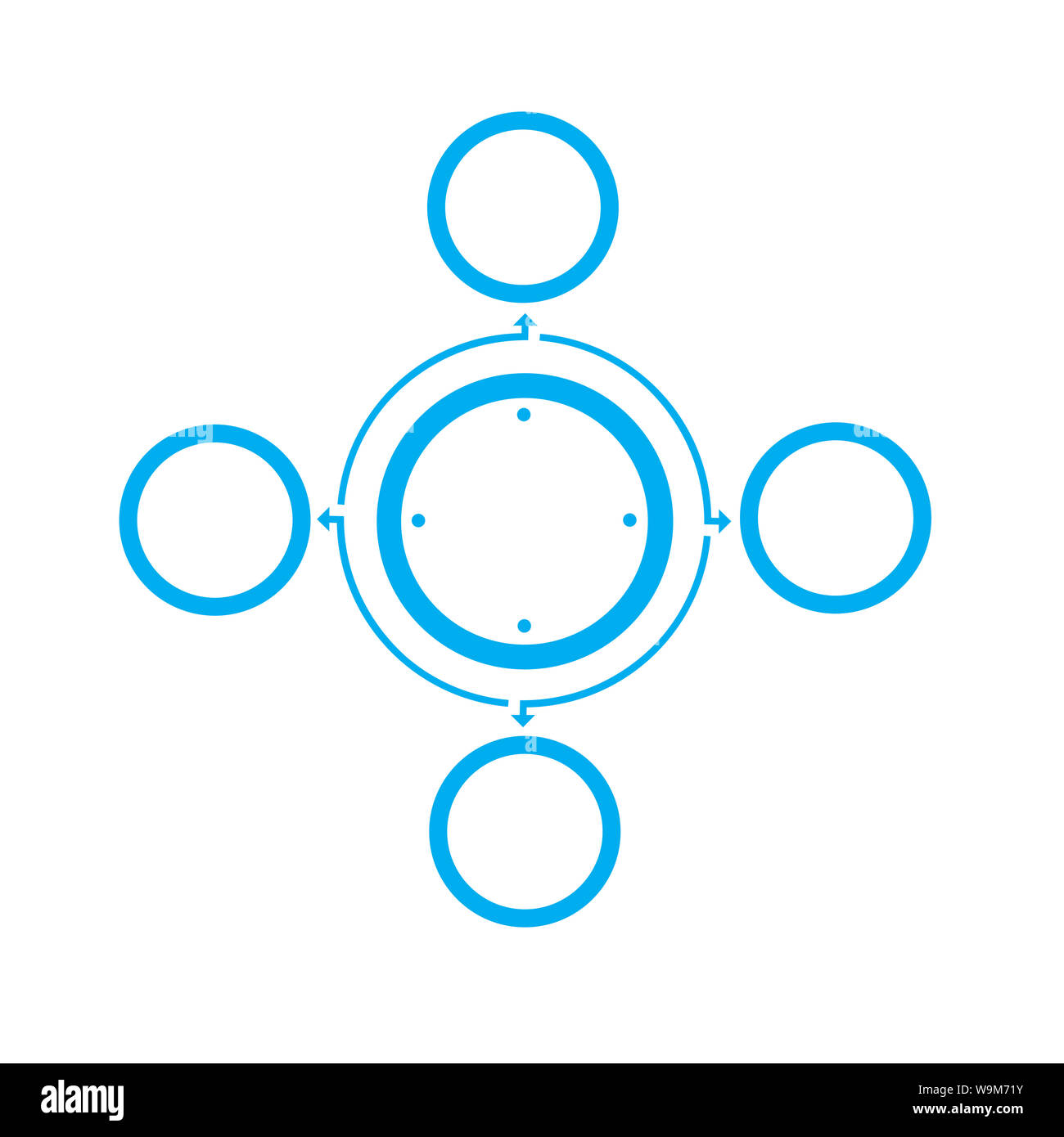 Vorlage für Infografiken über 4 Positionen. Kreise in einem Kreis mit Pfeilen angeordnet. Farbe Blau auf weißem Hintergrund Stockfoto