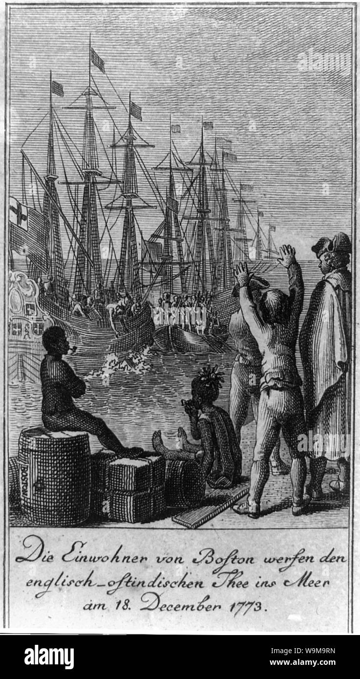 Die Einwohner von Boston werfen den deutsch-ostindischen Dich ins Meer am 18. Dezember 1773. Stockfoto