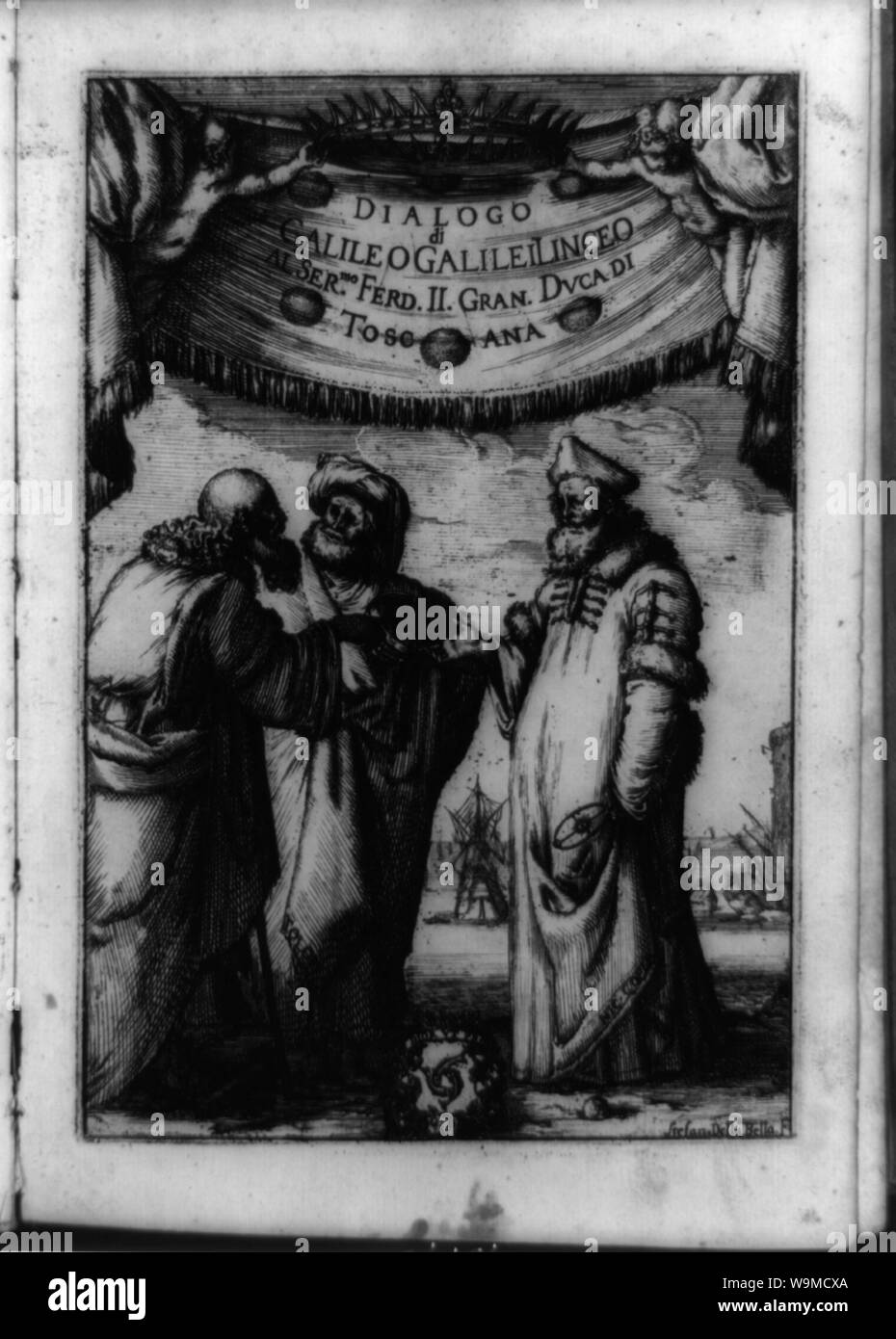 Aristoteles, Ptolemäus und Kopernikus diskutieren Fragen der Astronomie unter Familie Medici herzoglichen Krone und Banner]/Stefan Della Bella, F Stockfoto