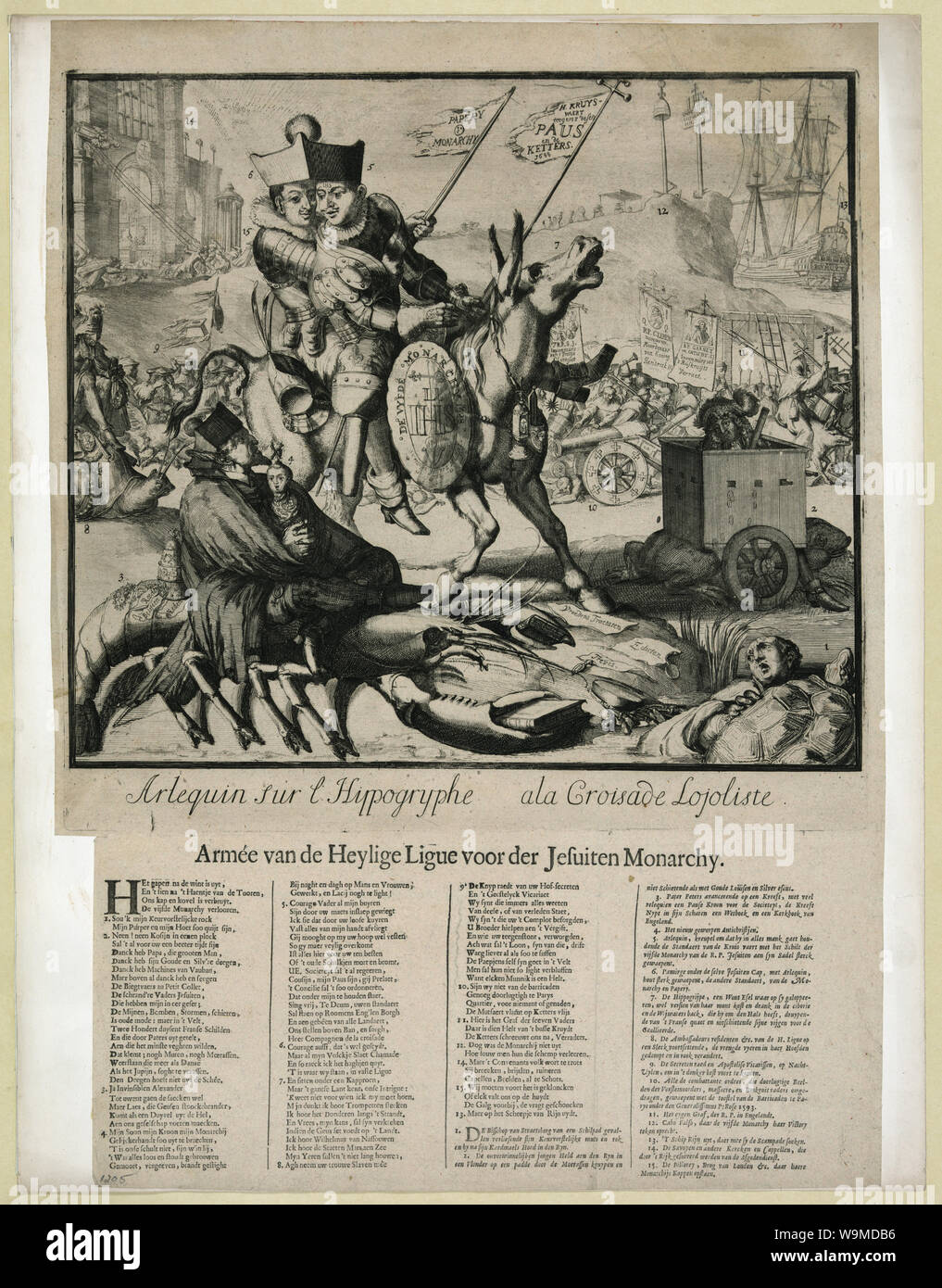 Arlequin sur l'Hippogryphe a la croisade Lojoliste; Drucken zeigt Louis XIV als Harlekin, mit zugeordneten Bein, Reiten auf dem hippogryphe oder jackass, führenden, Kreuzzug. Er trägt eine grosse Birett, auch über den Kopf von James II hinter ihm sitzen passt; sie tragen beide Rüstungen. Hängend von der Sattel ist ein Schild mit dem Monogramm IHS der Gesellschaft Jesu. Im Vordergrund, Vater Petre, beichtvater von James II, reitet ein Hummer; er hält James Francis, den Säugling Sohn von James II., als der Pretender bekannt, mit einer kleinen Mühle auf den Kopf. Auf der linken Seite, hinter der Szene, amb Stockfoto