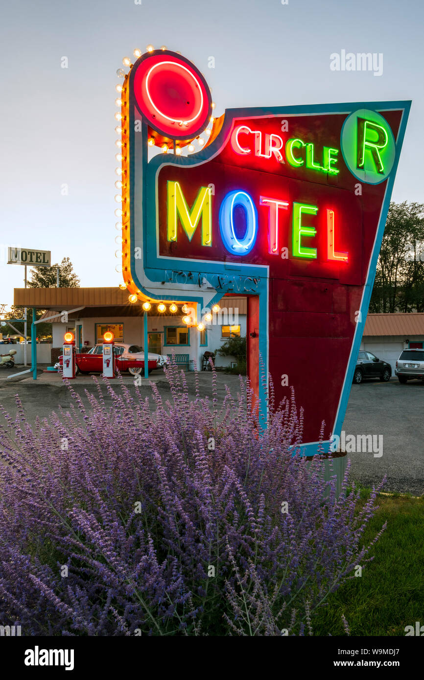 Dämmerung Blick auf Retro neon Schild; 1955 Studebaker President classic car Vor antiken gas Pumpen elektrische Auto Ladegeräte konvertiert abgestellt; die Circl Stockfoto