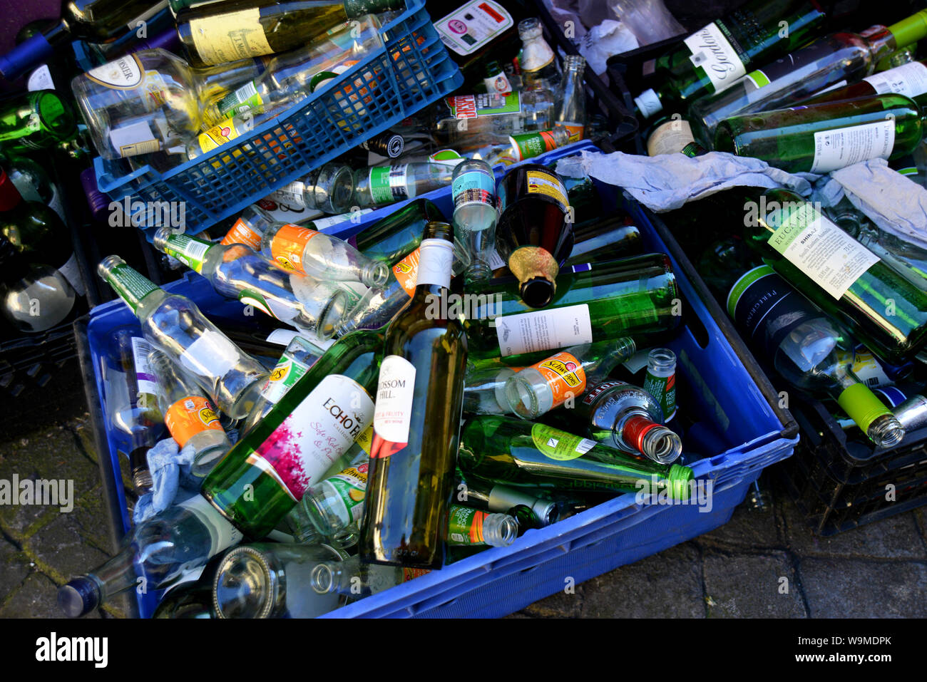 Eine Auswahl von leer Wein und Bier Flaschen dargestellt, die für das Recycling in Brighton, East Sussex, UK. Stockfoto