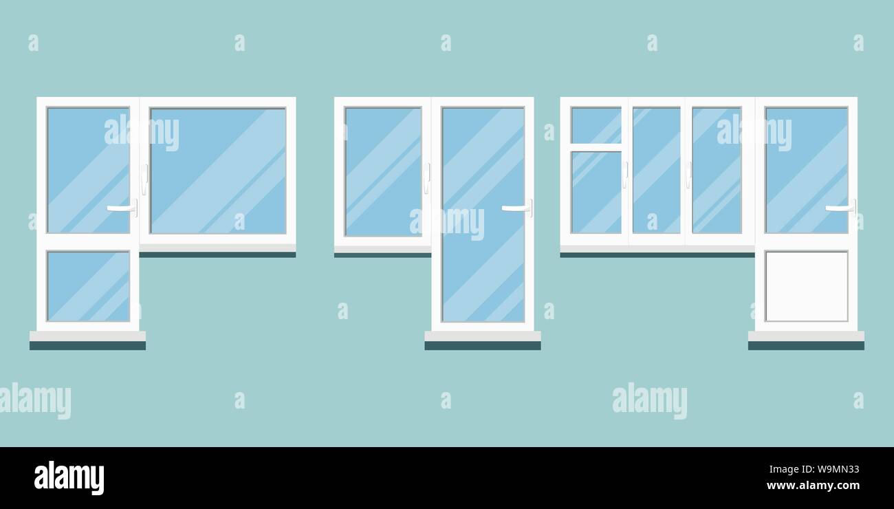 Eingestellt von isolierten weißen Kunststoff pvc verschiedene Balkontür und blockieren Sie es mit Zimmer Fenster mit Griff, Lichtreflexe auf Glas Stock Vektor