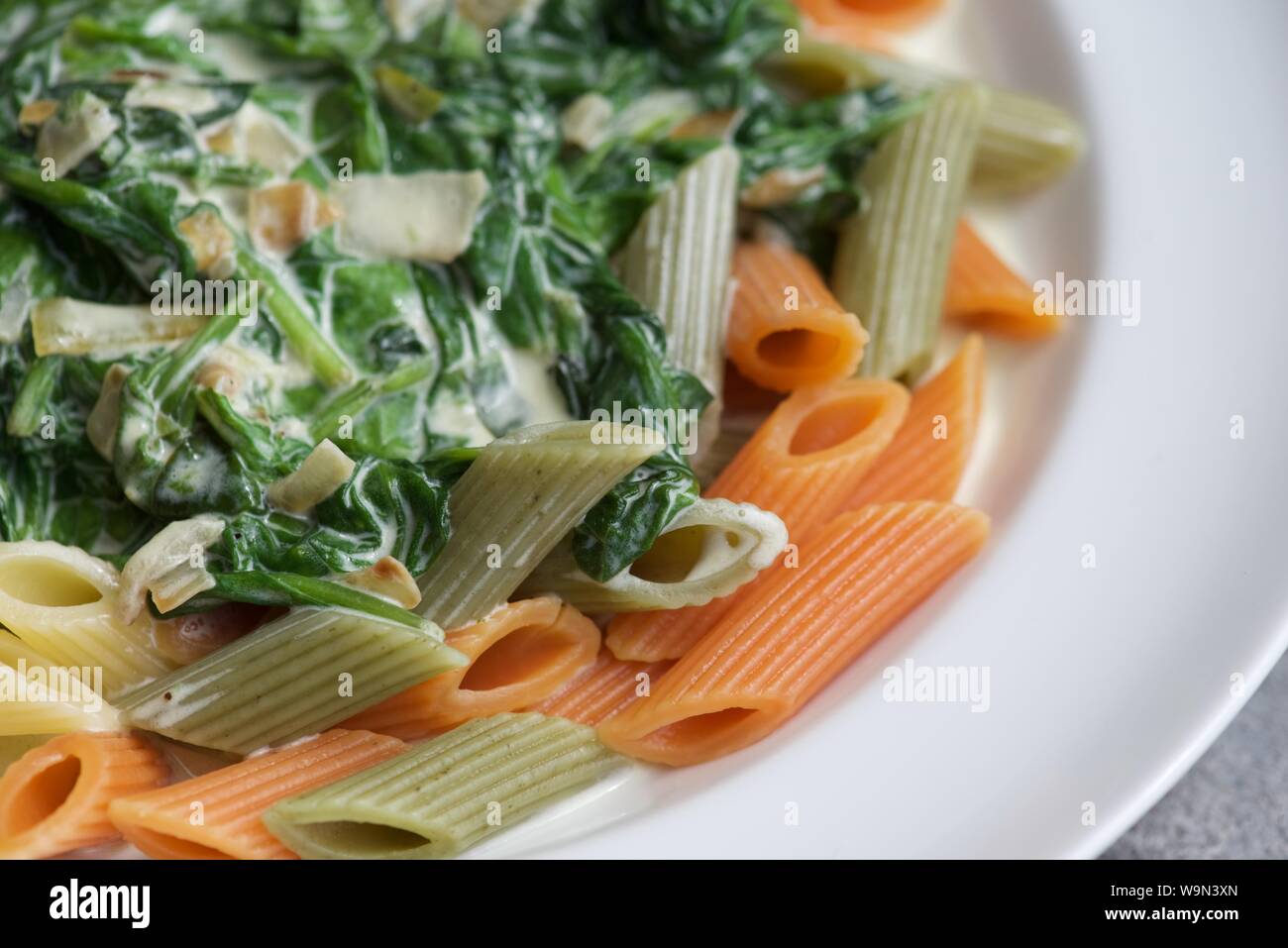 Pasta: Penne Tricolore mit Spinat serviert, die gehackten Schalotten ...