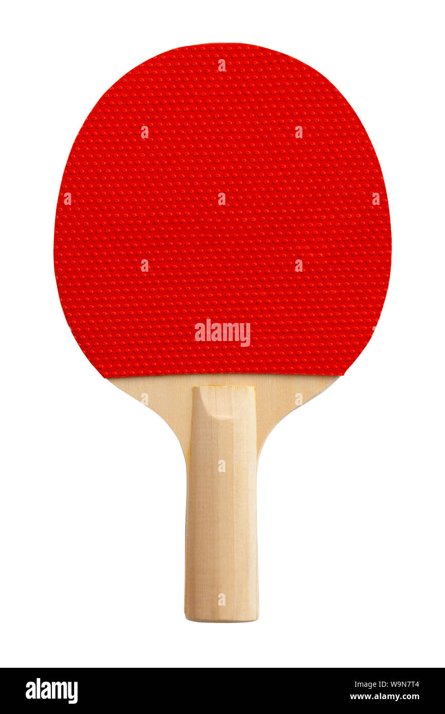 Red Ping Pong Paddle isoliert auf weißem Hintergrund. Stockfoto