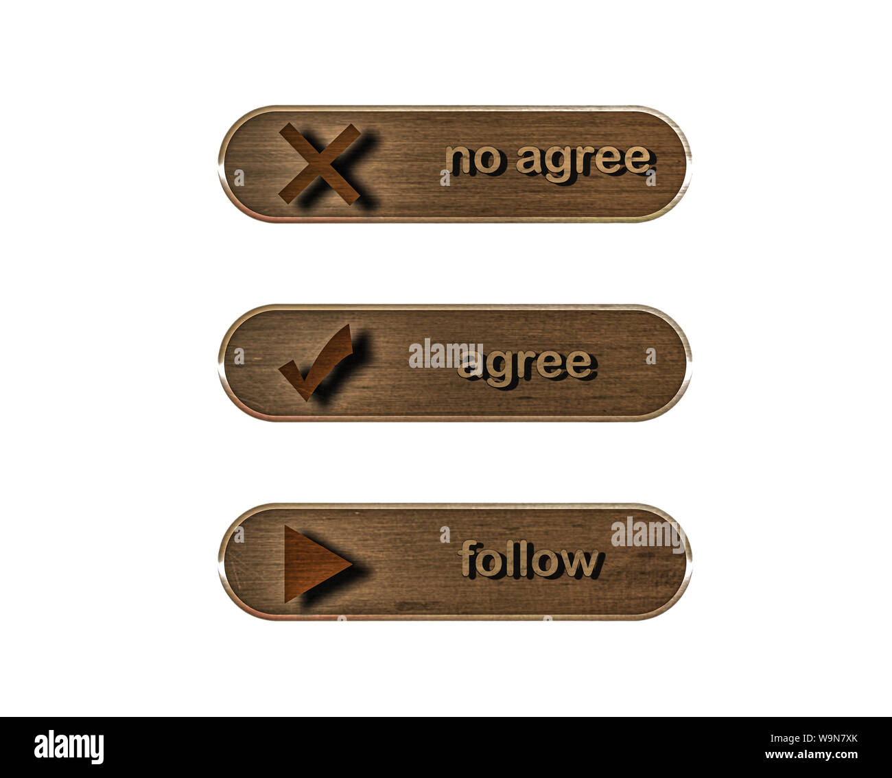 Abbildung. Set Holz- Web Buttons mit Icons und Inschriften auf weißem Hintergrund. Stockfoto