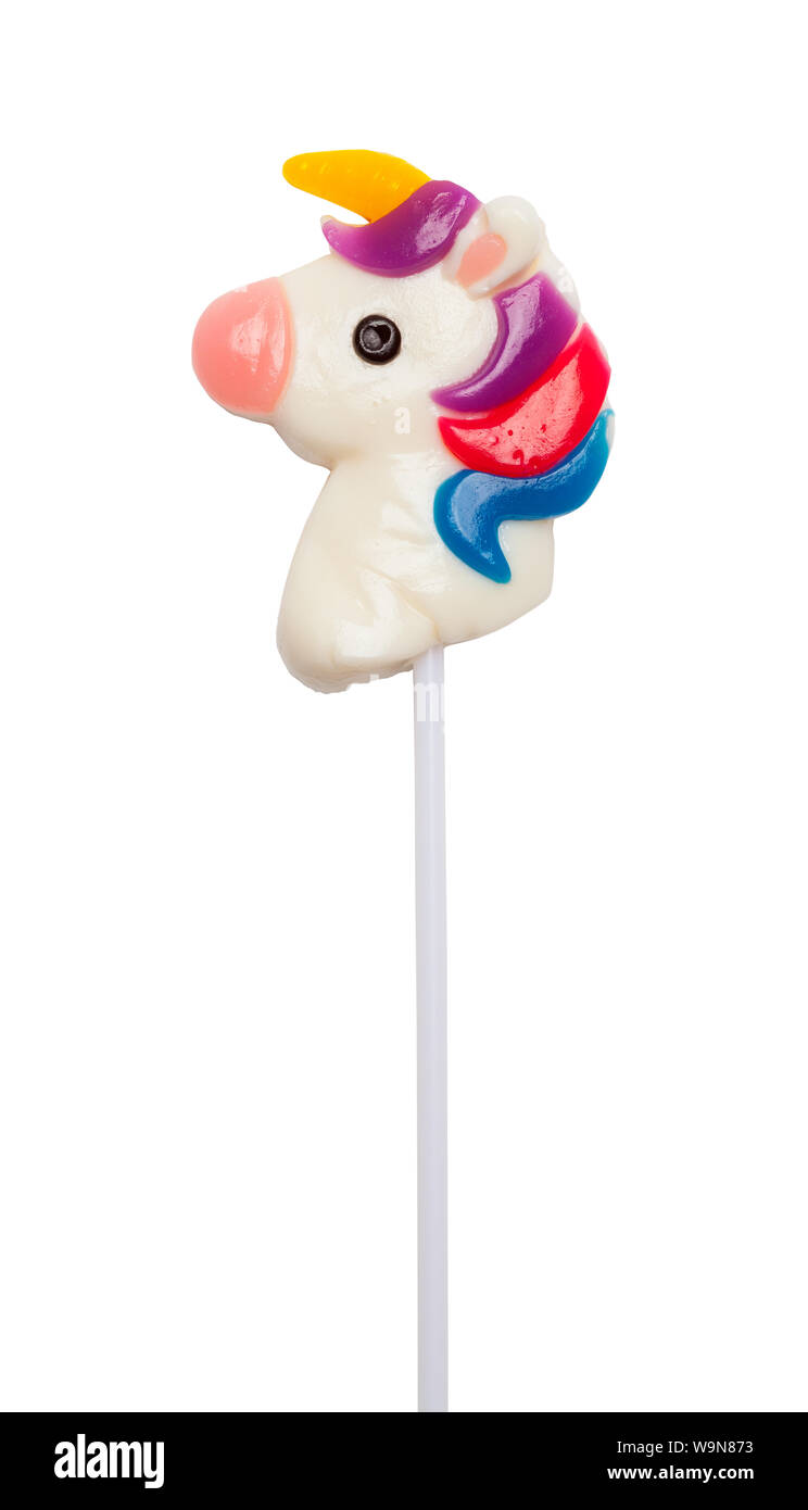 Einhorn Lollipop Sucker isoliert auf Weiss. Stockfoto
